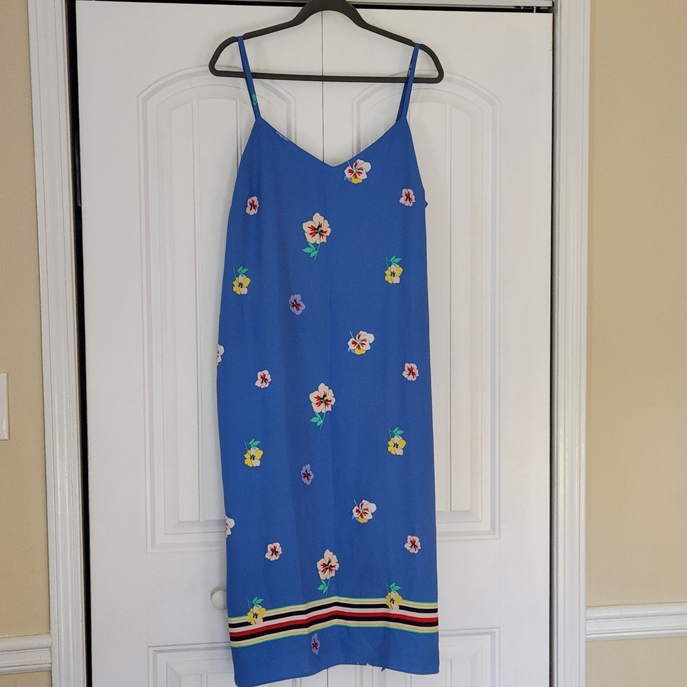 Tommy Hilfiger Lined Slip Dress Sz L Blue Floral Adjustable Straps Side Zip NWT